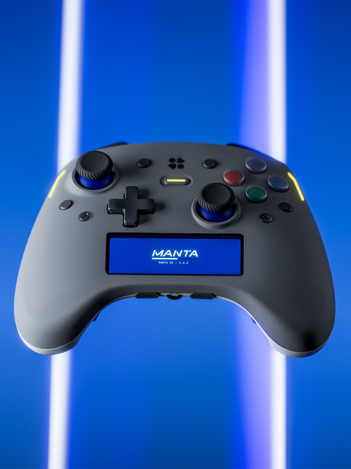 Manta wireless controller floating against blue neon background
