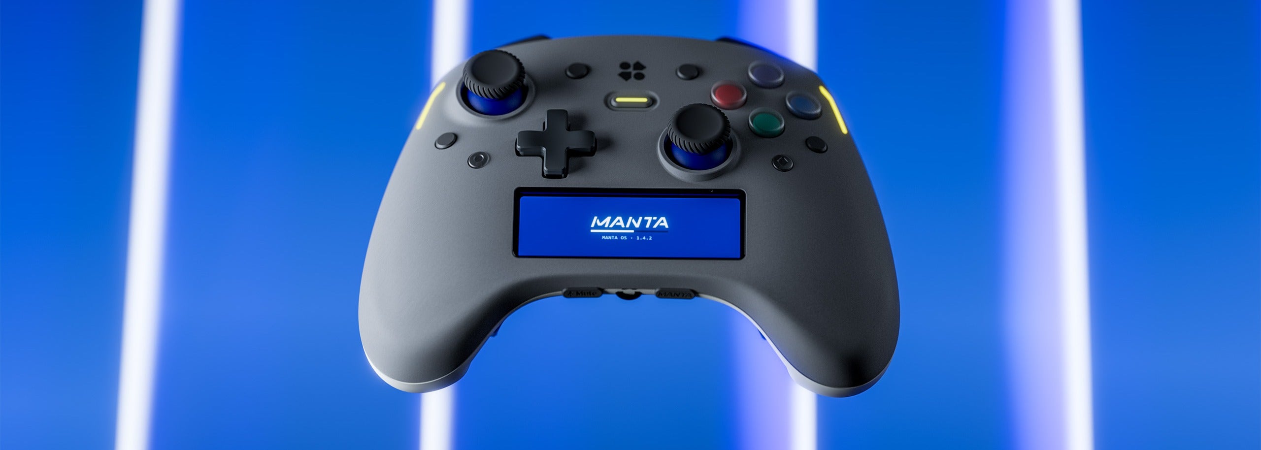 Manta wireless controller floating against blue neon background